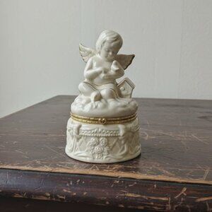 Vintage Porcelain Cherub Angel Trinket Box Lidded Dish Gold Trim Birds USA Made